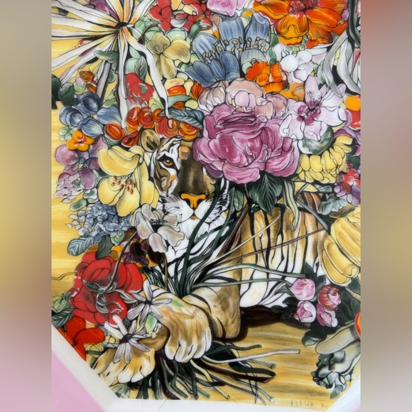 Vtg Denby Limoges Fleur Cowles TIGER BOUQUET Plate -Pink Rim World Wildlife Fund - Picture 3 of 9